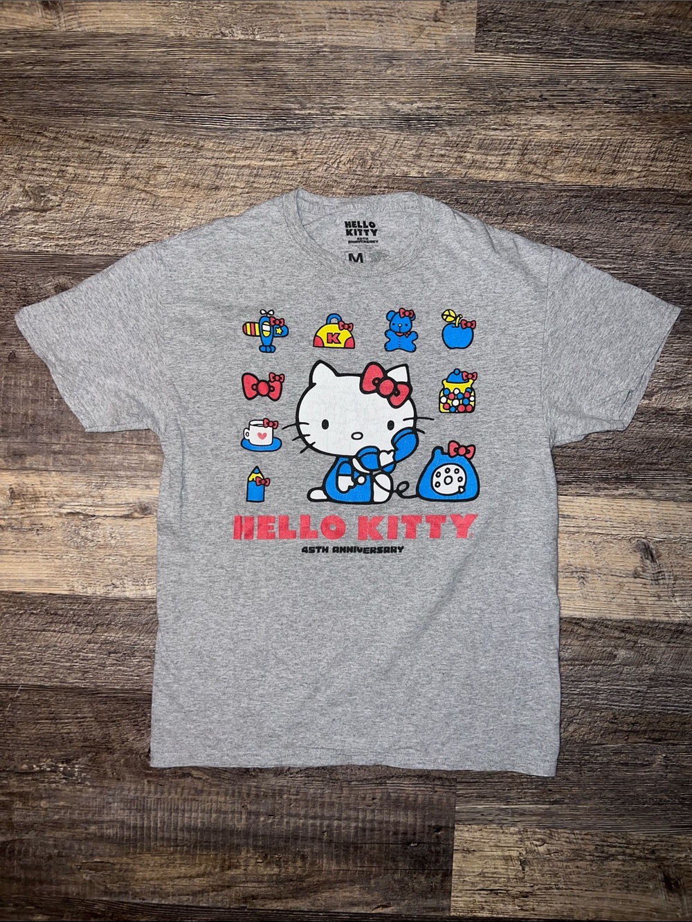 Hello Kitty Gray Tee with Red & Blue Character Graphics